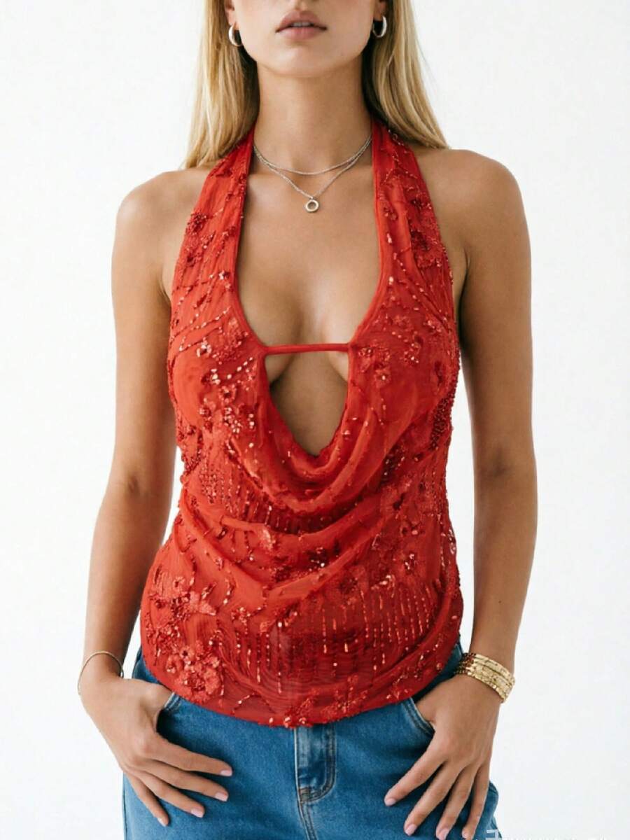 Sequin Halter Top For Women Sexy Sleeveless Deep V Neck Backless Glitter Tank Top Night Out Party Rave Outfits - 紅色 - 查看 1