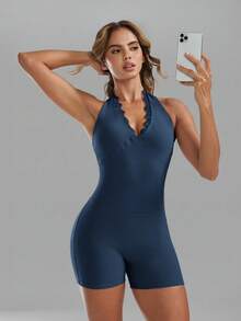 6pecil Women's Sexy Lace Trim Halter V-Neck Backless Deep V-Neck Fitted Jumpsuit, Suitable For Daily Casual, Yoga, Fitness Wear - Navy Blue - View 12