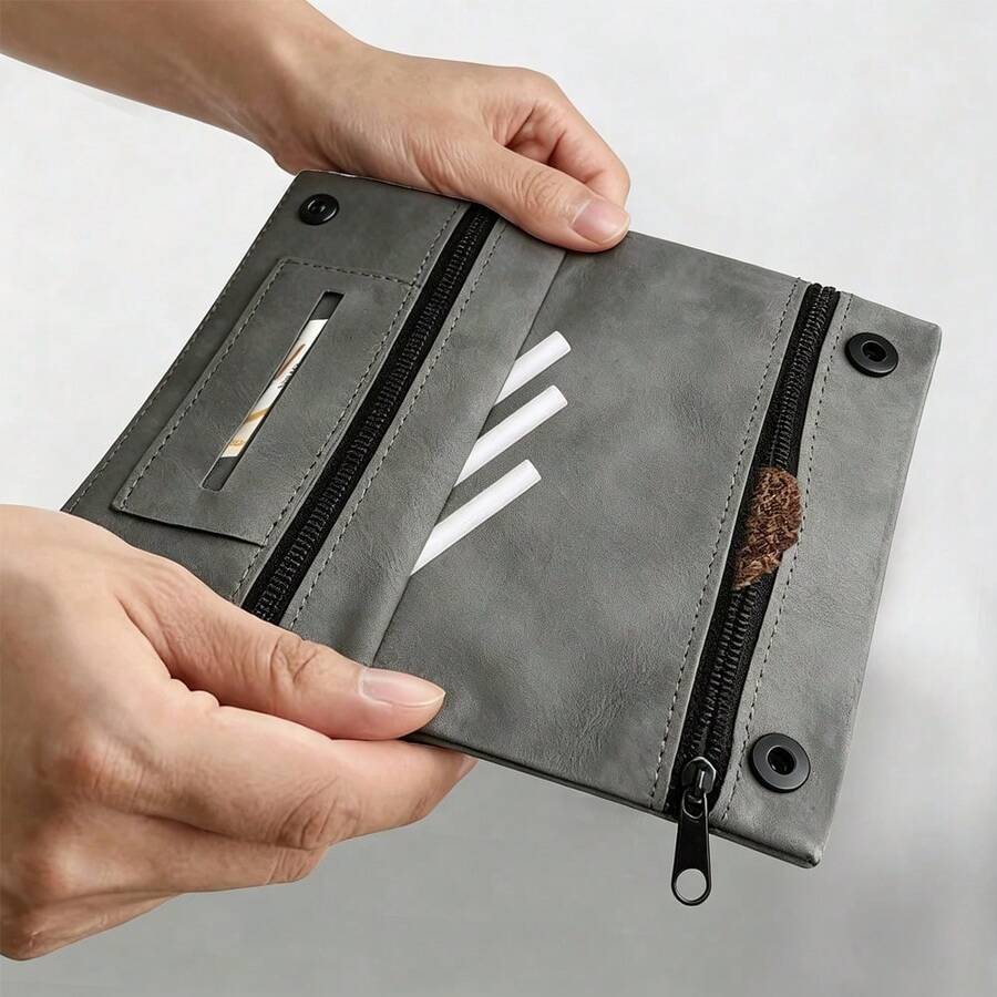 1pc Premium Gray PU Leather Organizer Pouch, Multi-Compartment Portable Smoking Accessories Storage Bag, Gray Multifunctional Organizer, Compact Tobacco Pouch, Smoking Tool Kit