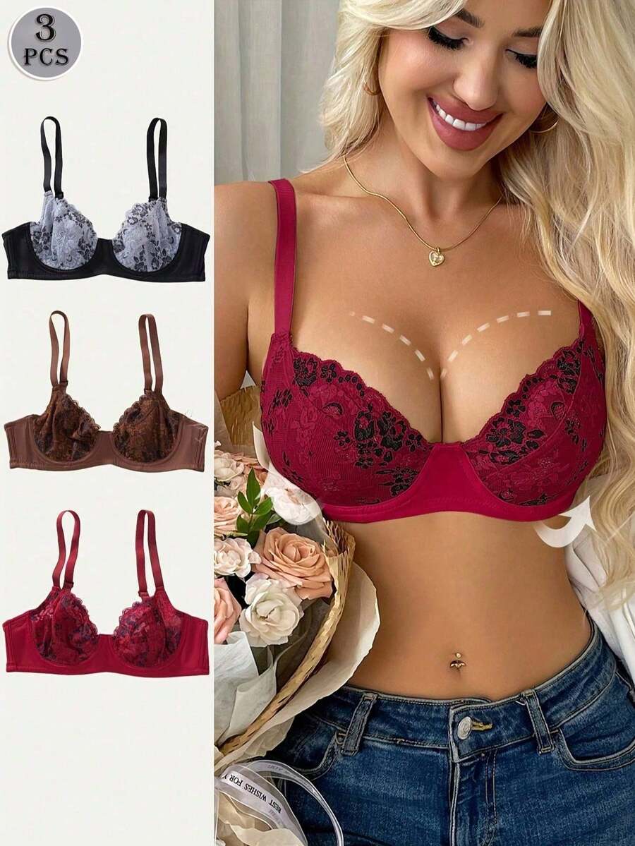 3pcs/Set Women's Sexy Floral Lace Underwire Bra, Comfortable Colorblock Floral Lingerie - Multicolor - View 1