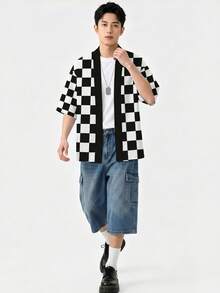 Black And White Plaid Print Casual Kimono Cardigan Sun Protection Shirt, Machine Washable, Fashionable And Versatile - Black - View 1