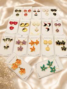 10 Sets - Women's Gold Enamel Flower Heart Shell Butterfly Necklace & Earrings, Stainless Steel Jewelry Set, Suitable For Daily Wear, Party, Gift (Random Shipment) - Multicolor - View 2
