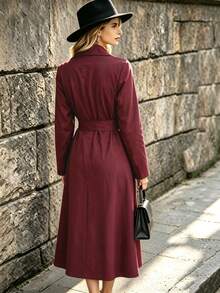 Mantel Trench Wanita Lengan Panjang Kerah Warna Polos Desain Kancing Burgundy Vintage Kancing Ganda - Burgundy - View 3