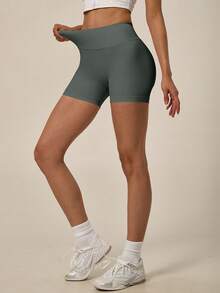 TimeOff 1 pieza de pantalones cortos deportivos de mujer de unicolor con cintura alta, banda de cintura acanalada y espalda fruncida - Gris Oscuro - Ver 6