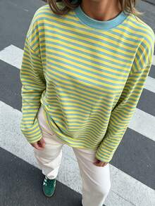 Women's Casual Top, Striped Contrast Ribbed Knit, Everyday Wear, Spring/Autumn - Yellow-green - View 3