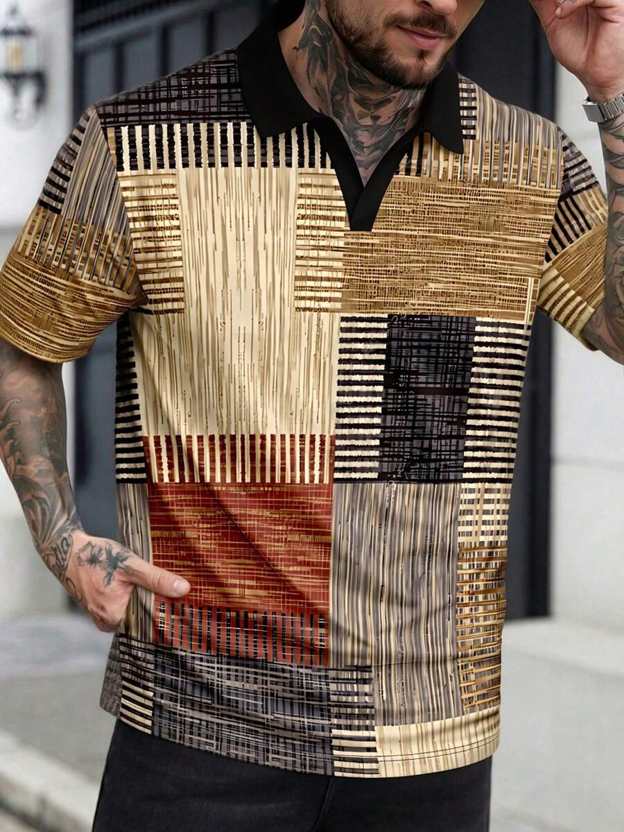 Men's Summer Fashion Minimalist Geometric Patchwork Woven Texture Print Ribbed Collar Polo Shirt - Multicolor - View 1