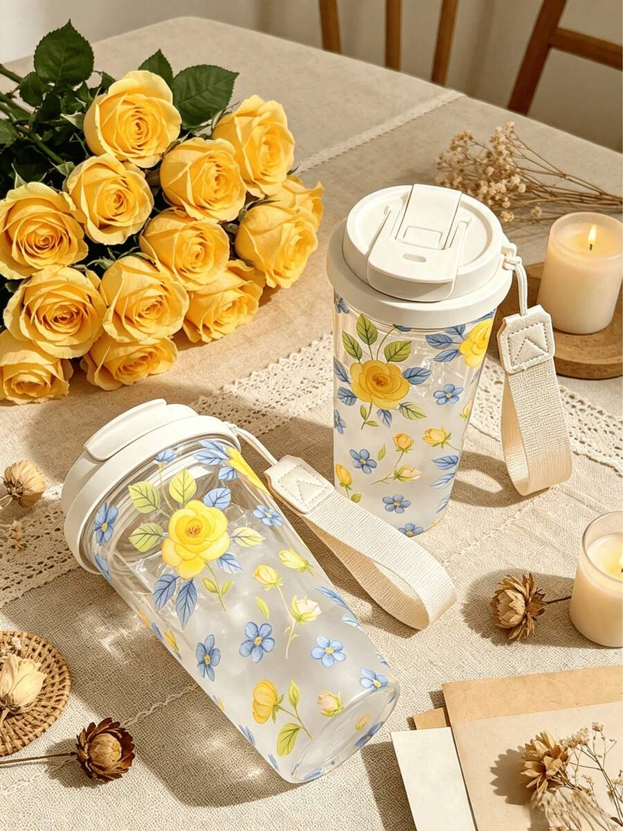 1 pieza/5 piezas Vaso de agua de plástico de 500ml con estampado floral de rosa amarilla y azul vintage de verano, con pajita y cordón, tapa abatible a prueba de fugas, para bebidas frías, calientes y café helado, uso diario, listo para fotos, regalo de cumpleaños para mejor amigo, regalo festivo - Rosa amarilla multicolor - Ver 1