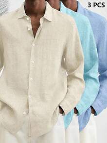3pcs Set Casual Basic Men's Button-Up Long Sleeve Shirts - Multicolor - View 1