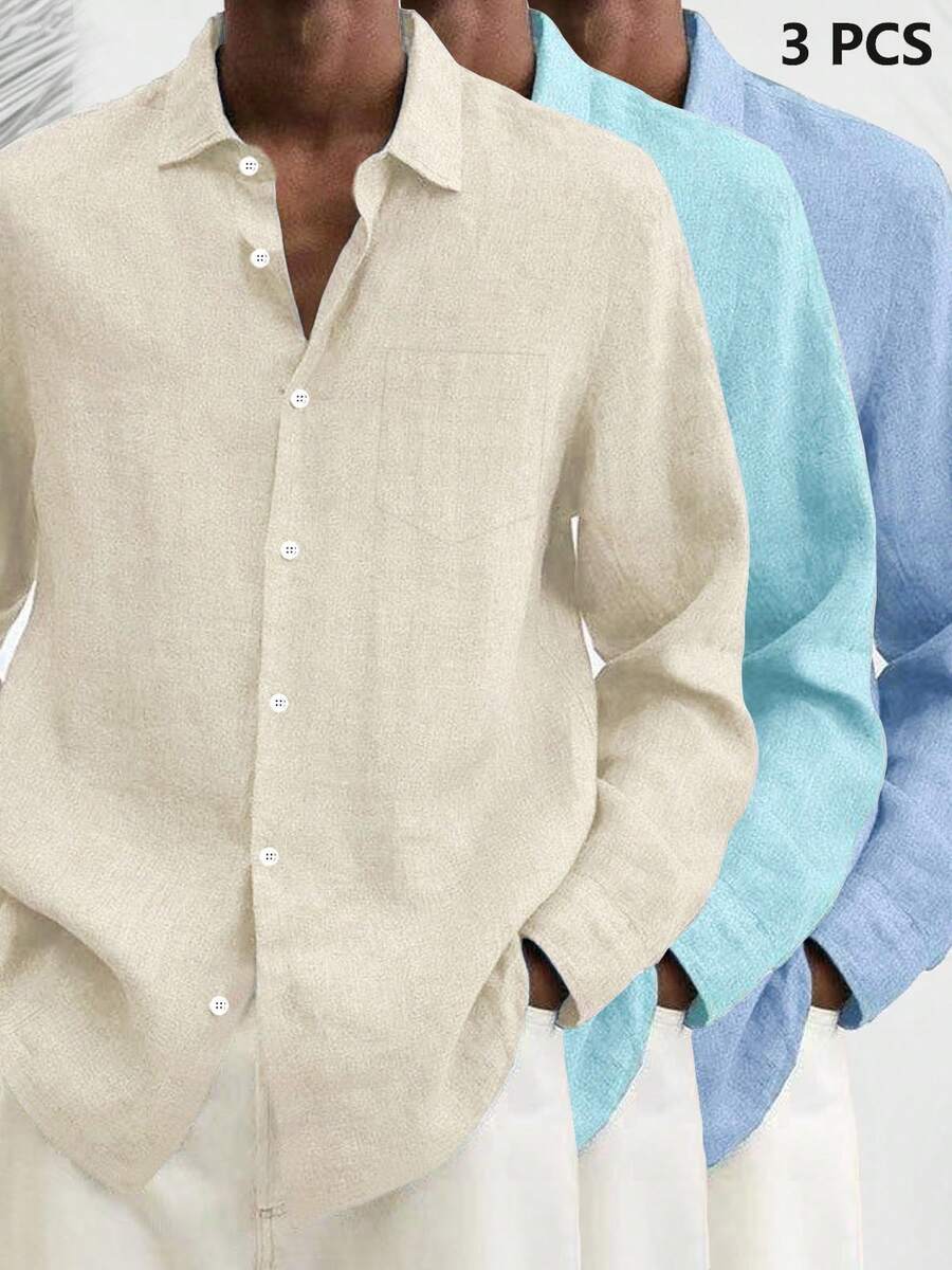 3pcs Set Casual Basic Men's Button-Up Long Sleeve Shirts - Multicolor - View 1