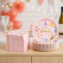 Golden Crown Dress Motif Party Tableware Set, Paper Plates, Paper Cups, Paper Napkins, Disposable Tableware For Birthdays, Theme Parties, Family Celebrations, Garden Parties, Receptions, Buffets, Indoor And Outdoor Use, Table Decoration - B - View 3