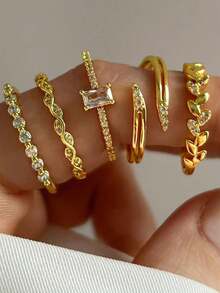 rundraw 5pcs Exquisite Geometric Leaf Fashion Style Copper Material Gold Color Women's Rings Set Suitable For Women Party, Ball, Daily Wear - Multicolor - View 11