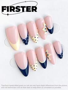 10pcs Medium Almond Handmade Press On Nails, Nude Navy Cream French Fake Nails, Polka Dot & 3D Floral Glossy Acrylic Nail Set, Ideal For Summer, 4th Of July, Wedding, Graduation, Prom Party & Daily Elegant Outfits - Multicolor - View 1