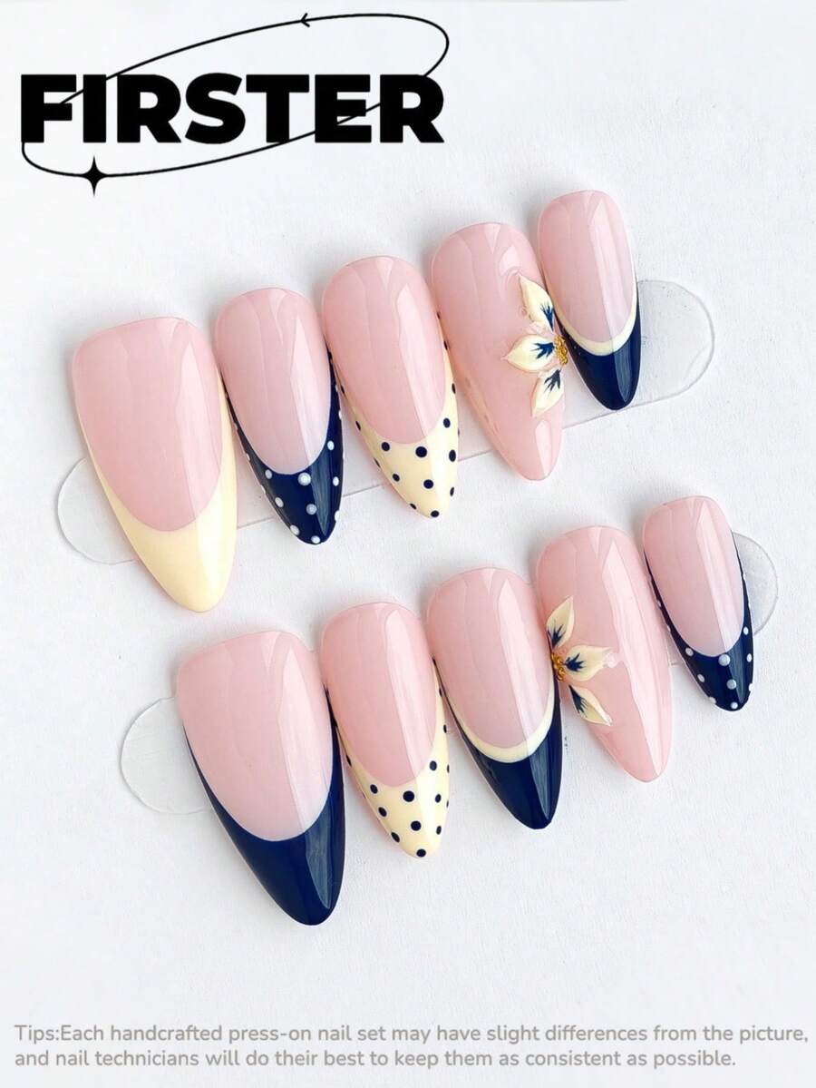 10pcs Medium Almond Handmade Press On Nails, Nude Navy Cream French Fake Nails, Polka Dot & 3D Floral Glossy Acrylic Nail Set, Ideal For Summer, 4th Of July, Wedding, Graduation, Prom Party & Daily Elegant Outfits - Multicolor - View 1