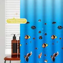 1pc Cartoon Underwater World Pattern Shower Curtain Bathroom Divider Curtain With Hooks - Royal Blue - View 5