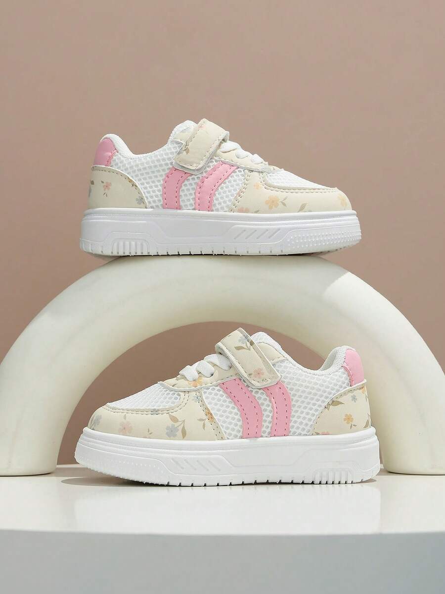 1 Pair Girls' Ditsy Floral Mesh Hook And Loop Sneakers, Breathable Thin Flat Shoes For Spring And Summer - Pink - View 1