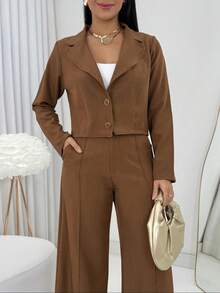 Conjunto Feminino Plus Size Alfaiataria Premium Carol 2 Peças Blazer Curto Calça Pantalona Cintura Alta Social Elegante Casual G G1 Bege Marrom Verde militar Preto envio imediato - Marrom - Visão 4