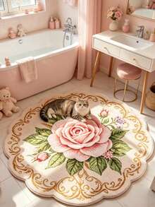 1pc Pink Rose Wavy Edge Decorative Rug, Living Room Small Rug, Bathroom Rug, Washable - Multicolor - View 2