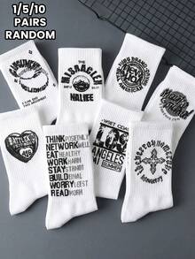 1/5/10 Pairs Random Style White Men's Mid-Calf Socks, Street Fashion Letter Print, Hip-Hop Sports Style, All-Season Socks - Multicolor - View 2