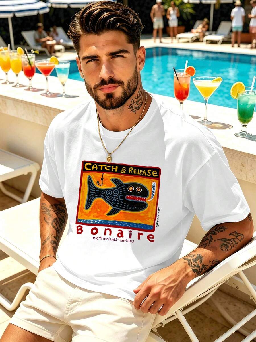 Camiseta gráfica Catch Release Fish para hombre, algodón premium, cuello redondo, corte holgado, cómoda, estilo hip-hop urbano. - Blanco - Ver 1