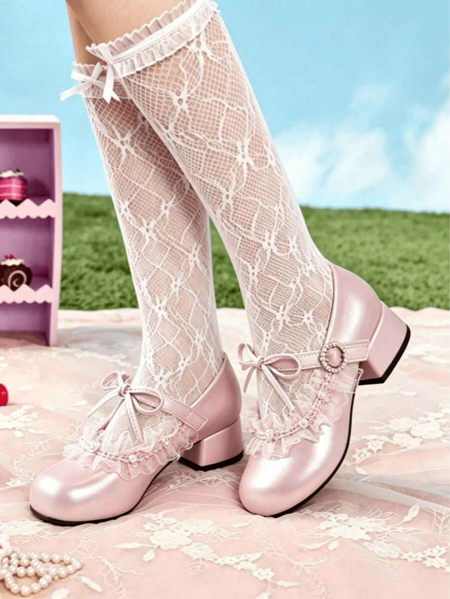 Girls' Pink Pearl Lace Bow Mary Jane Shoes, Single Strap Low Heel Princess Shoes