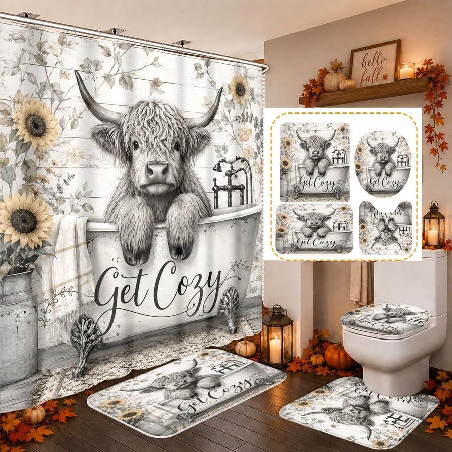 1pc/4pcs Vintage Bathtub Highland Cow Pattern Multi-Functional Bathroom Decor Shower Curtain Set, Free 12 Hooks, Premium Holiday Atmosphere, Bathroom Mat, U-Shaped Bath Mat And Round Toilet Lid Cover, Suitable For All Scenes Decoration, Bathroom Set - Bathtub Highland Cow - View 1