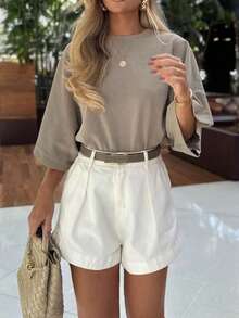 2026 Spring/Summer Crew Neck Oversized Fit Casual Fashion Lazy Minimalist Versatile Knit Sweater Knit Fabric Home Daily Sports College Street, Breathable - Light Khaki - View 9