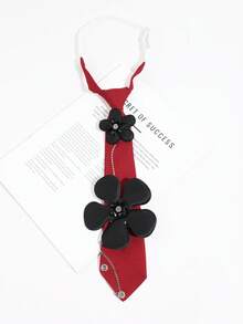 1PC Women's Burgundy 3D Black Flower Rhinestone Chain Tie-Less Bow Tie, Sweet Cool JK School Style Shirt Decorative Bow - Red Background With Black Flowers - View 3