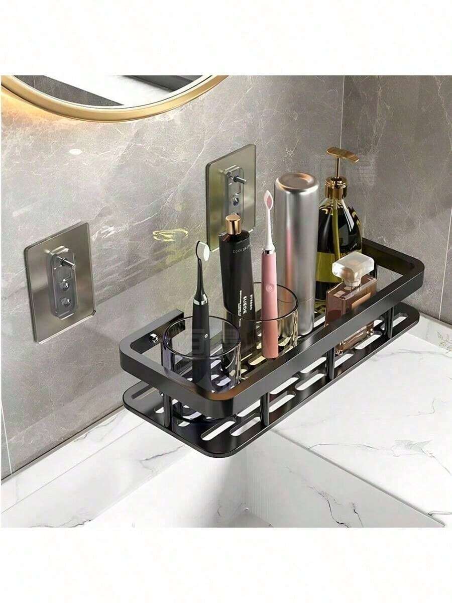 A Bathroom Triangle Basket Suction Cup Wall-Mounted Space Aluminum Shower Room Triangle Punch-Free Bathroom Corner Storage Rack - Black Rectangular Style - View 1