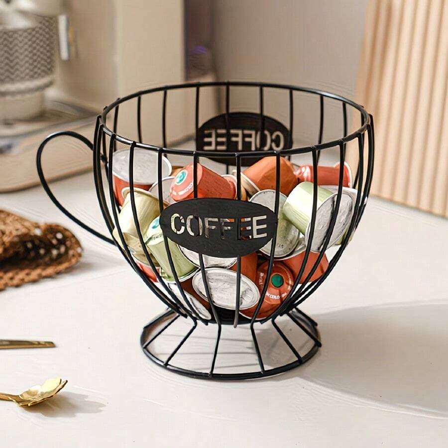 1 pieza Estante de almacenamiento de cápsulas de café de metal, Cesta de almacenamiento de cápsulas de café de alambre, Estante de almacenamiento de cápsulas de espresso, Adecuado para cocina del hogar, cafetería, hotel (forma de taza de té)