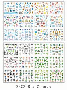 SWEET TREND 2 Large Summer Marine Animal Tropical Plant Design Water Transfer Nail Sticker, Beach Coconut Tree, Leaves And Turtles, Shells, Seahorse Design DIY Nail Art Sticker, Marine Life Sticker Watermark Slider Nail Art Decoration DIY Nail Supplies - Multicolor - View 10