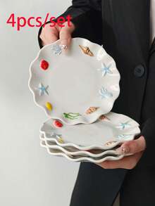 4pcs/2pcs/1pc 3D Embossed Ocean Shell Ceramic Plate, 6-Inch Ins Style Wave Starfish Conch Dessert Plate, Highly Attractive Asymmetrical Scalloped Edge Fruit Salad Plate, Cake Plate, Jewelry Storage Dish, Photography Prop - Multicolor - View 17