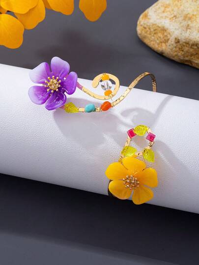 1 pieza Brazalete de brazo abierto con anillo de flor hueca de doble cabeza, estilo de vacaciones de lujo vintage, cadena de brazo de flor exagerada personalizada de lujo ligera para mujeres