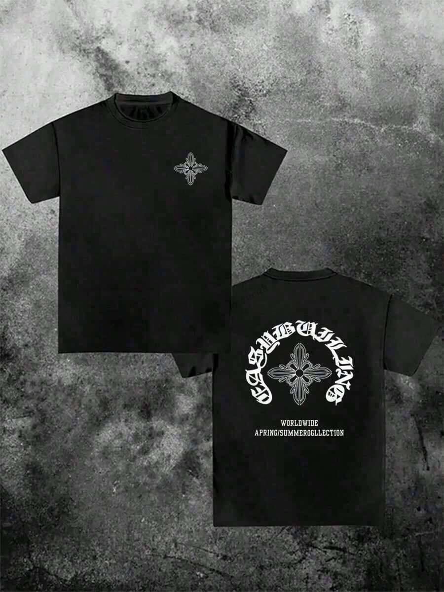 Men's T-Shirts, T-Shirt With Gothic Cross Print, Oversized T-Shirt For Men, Spring-Summer Collection From Streetwear Worldwide. - 黑色 - 查看 1