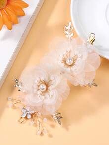 1 pieza Pinza para peinado de dama de honor de temporada de bodas con decoración de flor de perla y strass, adecuada para boda, fiesta o actuación con vestido - Beis - Ver 6