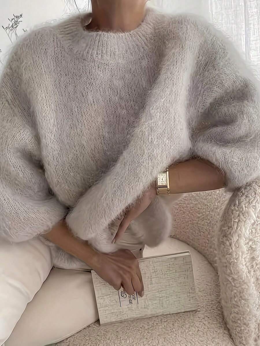 Sweater Rajut Mohair Leher Bulat Wanita, Model Longgar Lembut dan Halus Warna Polos, Atasan Serbaguna untuk Musim Gugur - Light Grey - View 1