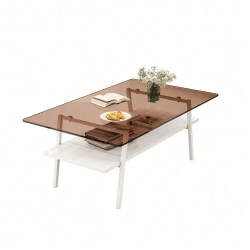 Coffee Table Made Of Tempered Glass, Rectangular Coffee Table, Metal Legs, Modern Living Room Table, H42.5/W98/D58 Cm - 棕色+白色 - 查看 1