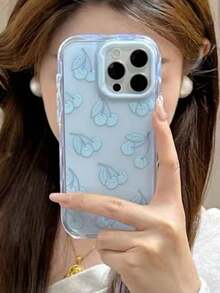 1PC Ins Style Fresh Blue Cherry Phone Case Compatible With IPhone 16 Pro Max, Apple 15 New 16 Pro, 14, 13, 16, 15 Pro, 17 Pro Max, 17 Pro, 17 Air, Silicone Shockproof Protective Cover For Women - Baby Blue - View 4
