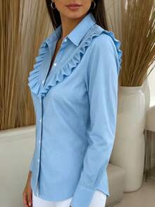 Autumn Back To School Solid Color Outdoor Shirt Collar Long Sleeve Casual Loose Ruffle Hem Top - Blue - View 5