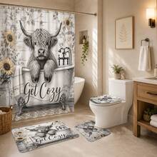1pc/4pcs Vintage Bathtub Highland Cow Pattern Multi-Functional Bathroom Decor Shower Curtain Set, Free 12 Hooks, Premium Holiday Atmosphere, Bathroom Mat, U-Shaped Bath Mat And Round Toilet Lid Cover, Suitable For All Scenes Decoration, Bathroom Set - Bathtub Highland Cow - View 4