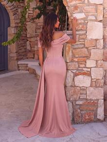 ADYCE Elegant One Shoulder Cross V Neck Pleated High Waist Long Ribbon High Slit Backless Floor Length Prom Dress Wedding Guest Prom Homecoming Date Ball - Pink - View 2