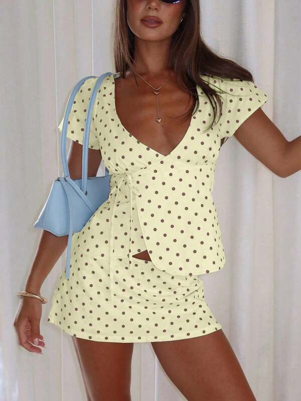 Women's Casual Fashion Pale Yellow Deep V-Neck Short Sleeve Polka Dot Top (With Knot Detail) And Polka Dot Mini Skirt Set Elegant Summer