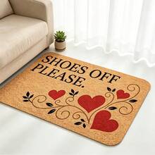1pc Brown Background Red Heart Vine Print Shoes Off Please Doormat, Soft Pastoral Style Flannel Rounded Rectangle Rug, Symmetrical Scroll Leaf Design With 4 Red Hearts, Non-Slip Dust-Absorbing Water-Absorbent Entrance Mat, Suitable For Wedding Room, Entryway, Living Room, Indoor, All Season Daily Home Use - Multicolor - View 4