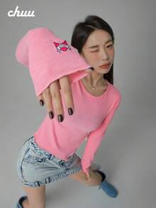 CHUU Little Fox 開衩 T-shirt 春季女款甜酷修身長袖打底短版上衣 - 粉色 - 查看 4