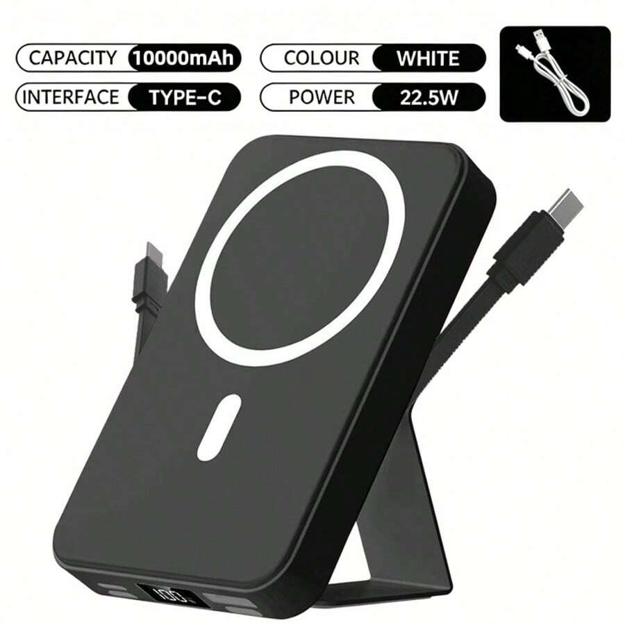 GAWFOLK 快速充電磁吸行動電源 10000mAh 大容量 22.5W 快充 附內建支架與兩條充電線 可同時為 5 台裝置充電 LED 數位顯示 磁吸充電 適用 17/16/15/14/13 Pro/Pro Max 適合露營、飛行、海邊、辦公室,節慶、母親節、陣亡將士紀念日、夏季開端理想禮物 - 豪華款10000毫安行動電源(附支架自備兩條電源線黑色 - 查看 1