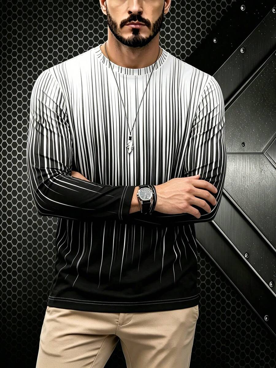 European & American Style Men's Gradient Vertical Striped Long Sleeve Crew Neck Minimalist Casual Daily Shirt - Multicolor - View 1