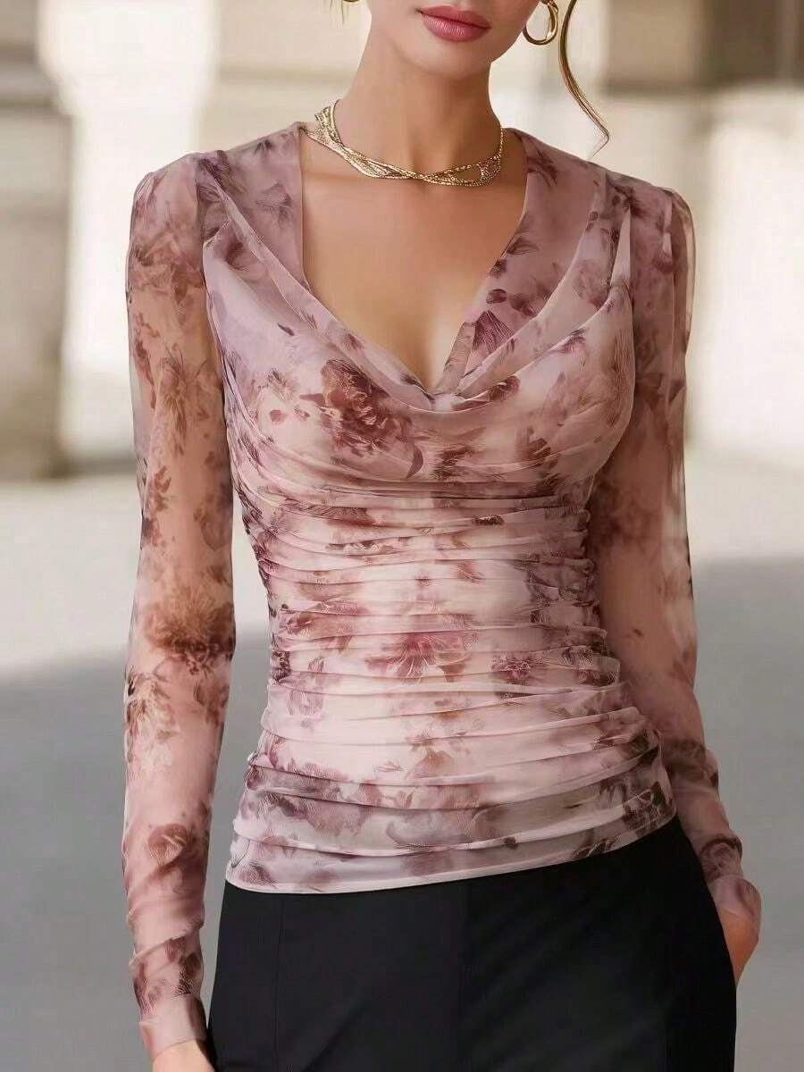 Autumn/Winter French Floral Sexy Thin Semi-Sheer Fitted Cold Shoulder Print Top - Multicolor - View 1