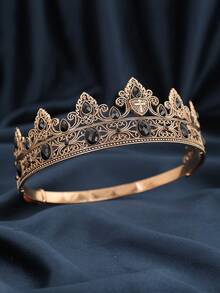 Vintage Silver Hollow Gothic Crown For Men, Cross Shield Black Crystal Inlaid Adjustable Metal Crown, Groom Wedding Evening Party Birthday King Cosplay Photography Accessory - Multicolor - View 7