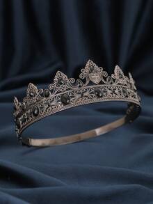 Vintage Silver Hollow Gothic Crown For Men, Cross Shield Black Crystal Inlaid Adjustable Metal Crown, Groom Wedding Evening Party Birthday King Cosplay Photography Accessory - Multicolor - View 10