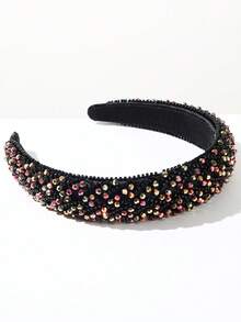 1件歐美時尚新款女款刺繡米珠寬版髮箍，小眾設計百搭髮箍，適合派對、宴會，女裝穿搭配件 - FG09-B-黑彩 - 查看 3