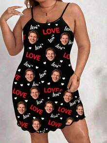 Women's Customized Spaghetti Strap Sleeveless Mini Slip Dress, Black, Personalized Face, Red LOVE Letter And White Heart All-Over Print - Multicolor - View 3